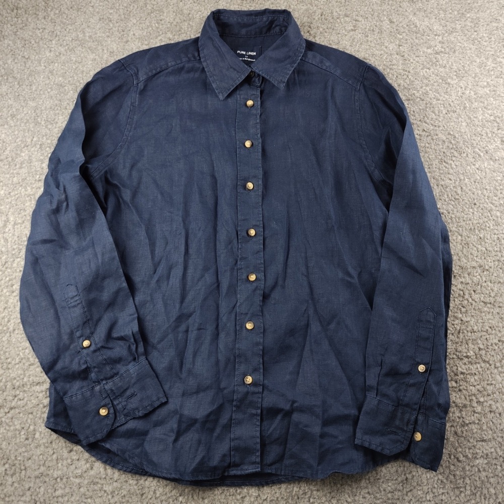 Pure Linen Shirt Womens 10 Navy Blue Long Sleeve Button Up Office Career EUC